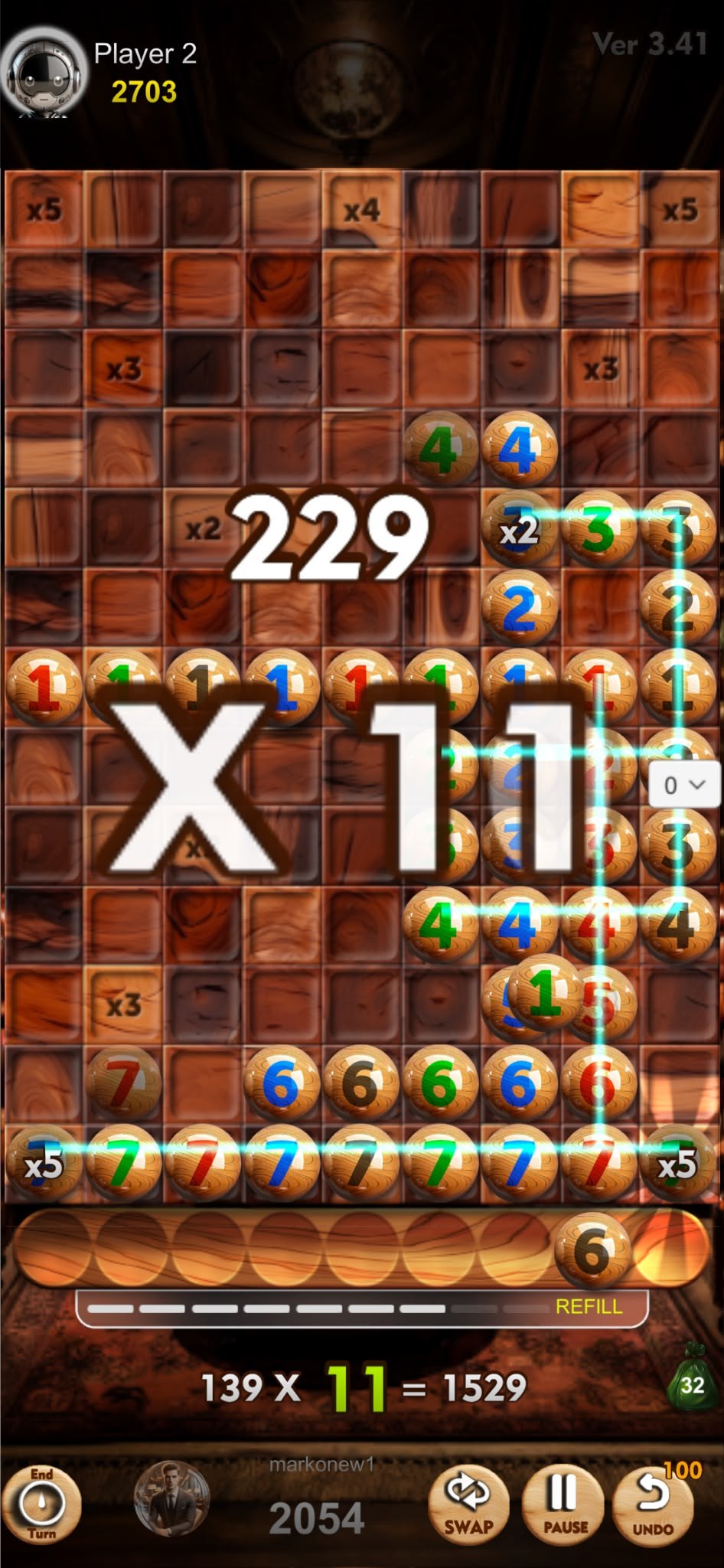 CrossRummy gameplay showing an x11 multiplier